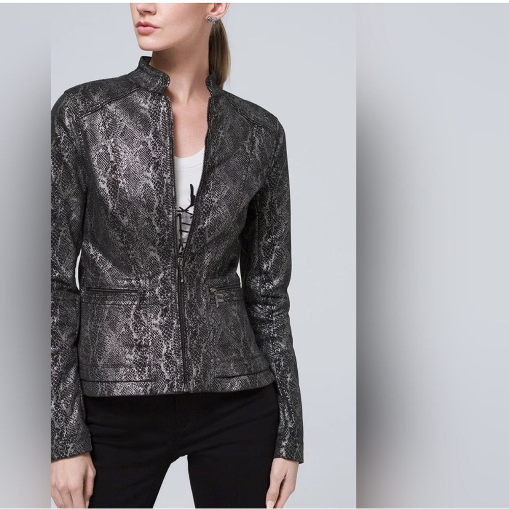 Petite Foiled Denim Python Print Peplum Jacket